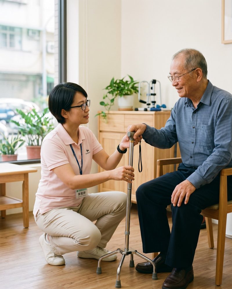 職能治療師蹲下指導長輩使用拐杖